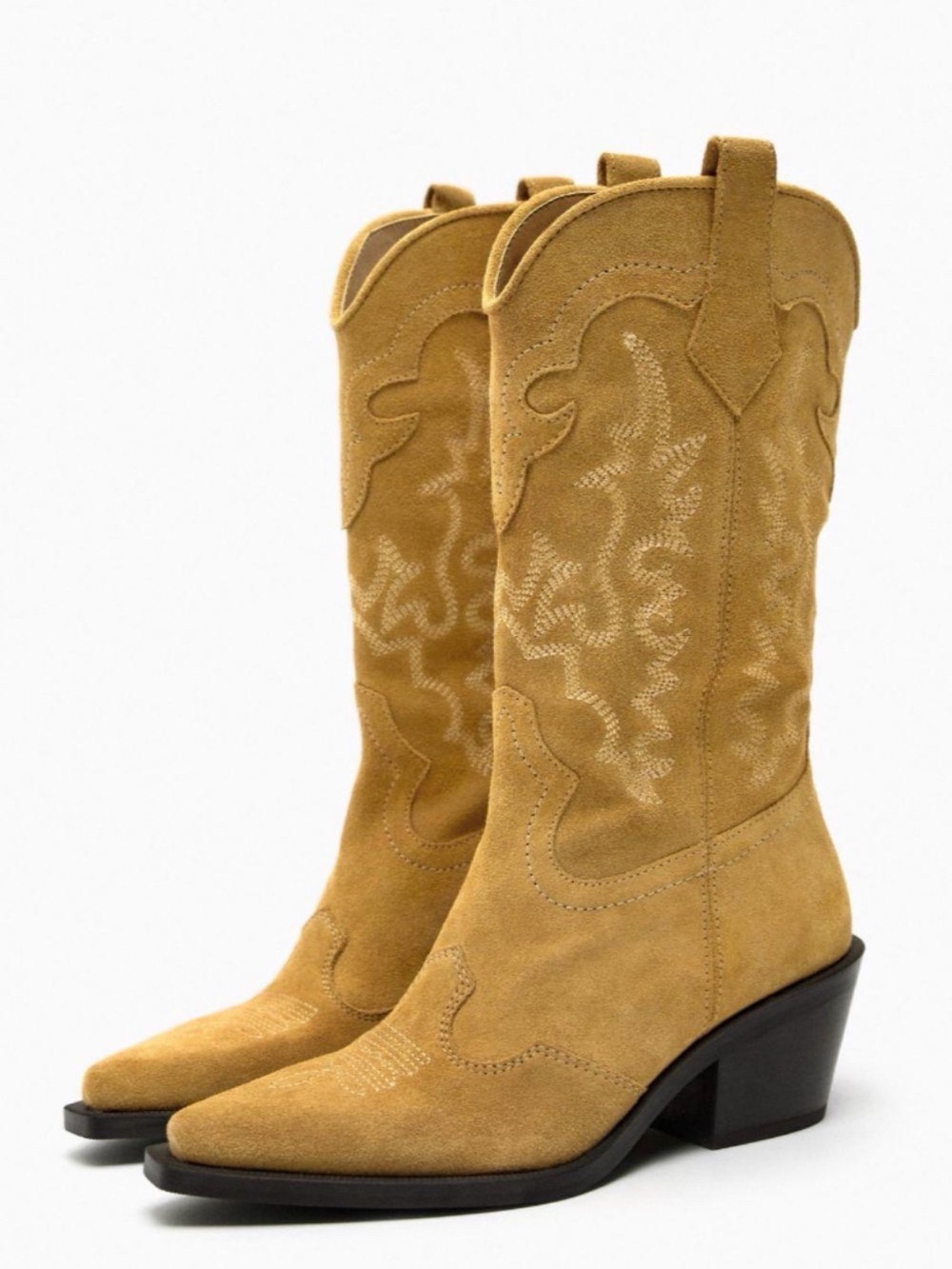 ZARA NWOT 100% Leather Suede Embroidered Western Cowboy Boots US 8 EU 39